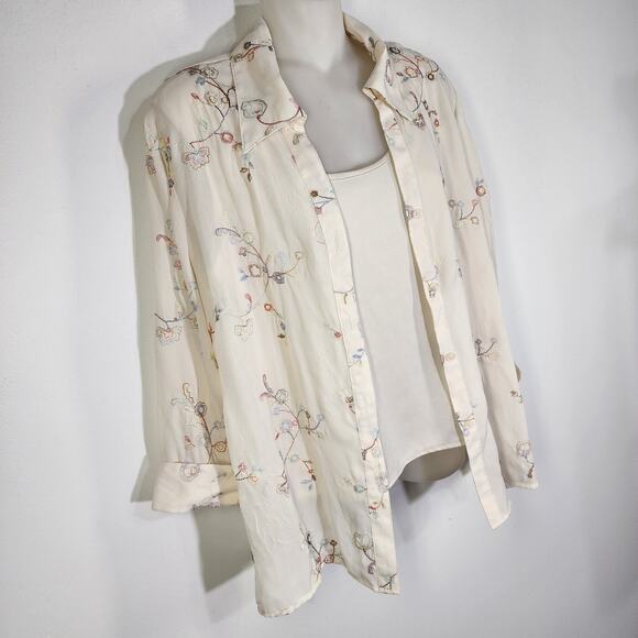 Vtg Apparenza Women 2Pc Tank Shirt M Button Floral Embroidered 3/4 Cuffed Sleeve - Picture 3 of 13